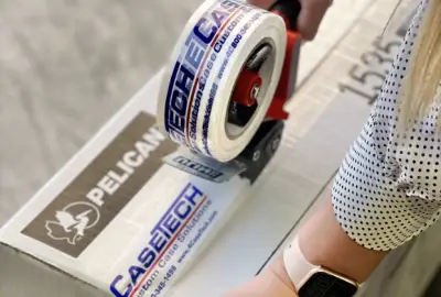 CaseTech branded packing tape sealing a box