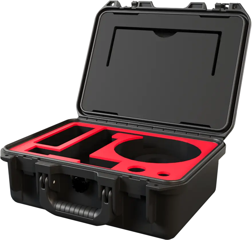 Open protective case showing top foam layer, base support, exterior shell and custom-cut interior foam