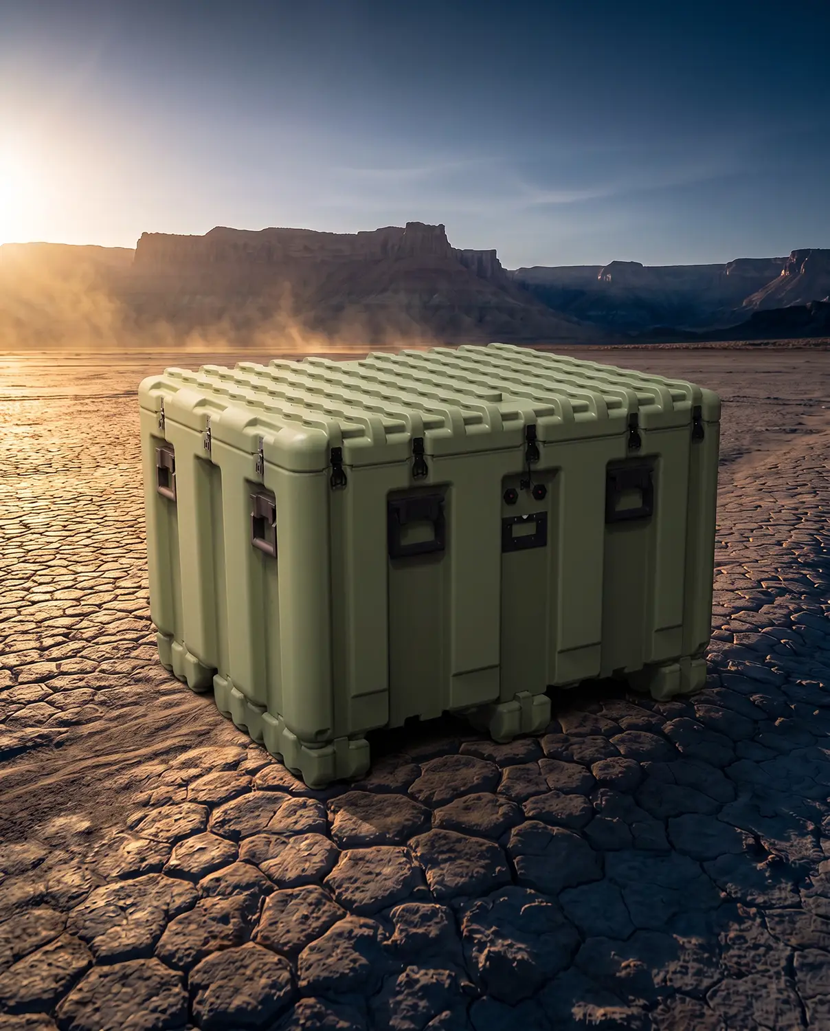 ISP cases staged on a desert lakebed at sunrise