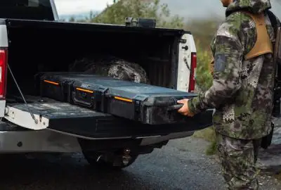 Roto-molded cases loaded into a truck bed