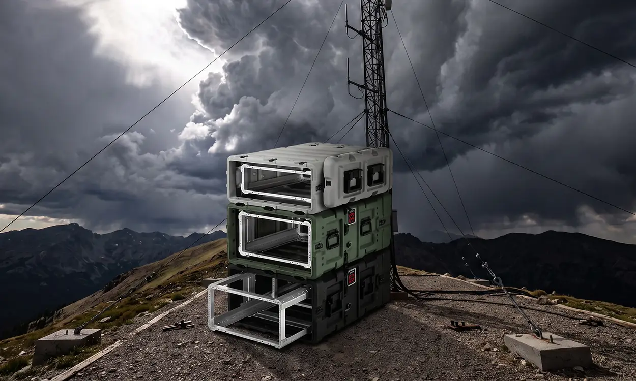 A rackmount case at a ridge-top communications site under storm cloud