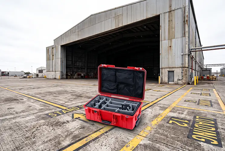 A single-lid case open on a hangar loading apron